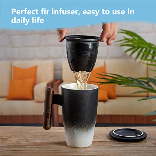 Tomotime Ceramic Tea Cup with Infuser and Lid Tea Mugs Wooden Handle 400ml/13.4oz Black