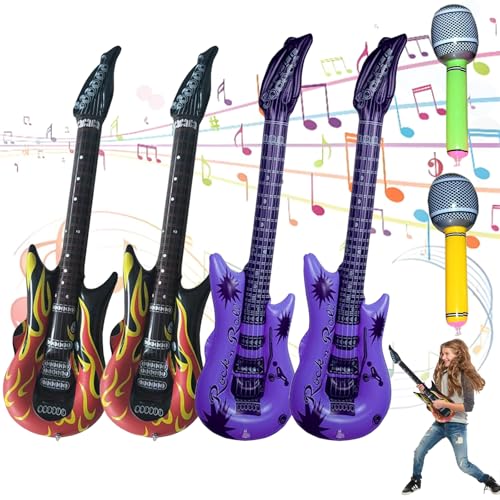 FAINCA 6 Pezzi Chitarra per Bambini Colorate Decorazioni Chitarra Gonfiabile Microfono Gonfiabile Set Rock Strumenti Musicali Elettronico per Compleanni Feste Halloween Spettacoli Teatrali