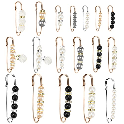 Hicarer 18 Piece Pearl Brooch Pins Women Decorative Safety Pins Clothing Shawl Clips Artificial Pearls Brooch Elegant Cardigan Collar Clips for Women Dress Skirt Sweater(Elegant Style)
