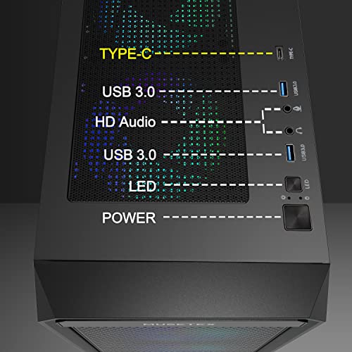 MUSETEX ATX PC Case with 6pcs ARGB Fans Type-C Port USB 3.0 Airflow Mid Tower Mesh Front Panel Tempered Glass Side Door Computer Gaming Cases (Y4-N6-BW)