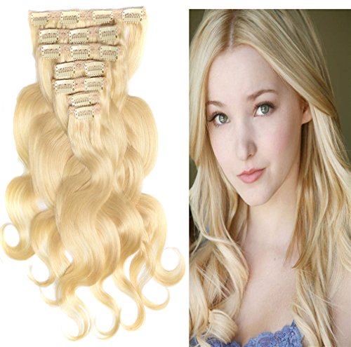 20" Clip in Hair Extensions Real Human Hair Extensions 70 grams Wavy Clip on Hair Extensions for Woman 7 pieces Body Wave Weft Remy Hair (20", 613 Bleach Blonde)