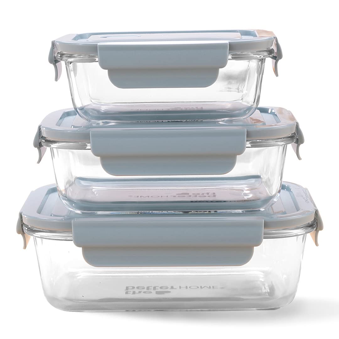 The Better Home Juego de recipientes herméticos de vidrio para almacenamiento de alimentos (1040 ml, 680 ml, 410 ml), a prueba de fugas, lonchera hermética para oficina, nevera y escuela, vidrio de