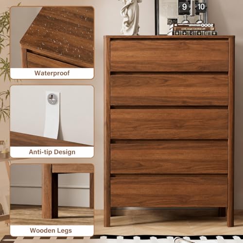 Image of Furniway Walnut Mid-Century Modern 3 Piece Bedroom Furniture Set, 5 Drawer Dresser with Handleless Wood Grain Design and Nightstands Set of 2, Minimalist Storage Dresser for Bedroom