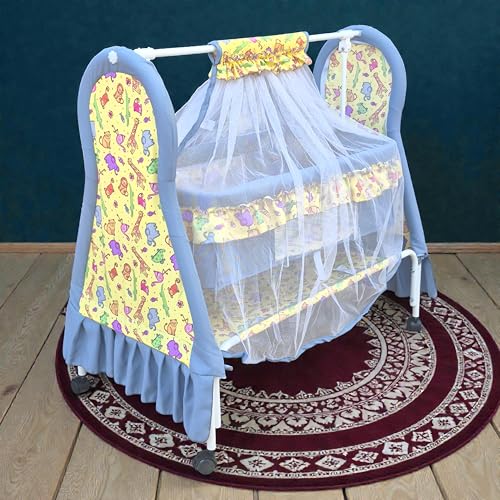 Image of Kiddery Apollo Baby Cradle (Yellow) | Newborn to 12 Months | Premium Swing Cradle with Mosquito Net, Wheels & Lock | Strong Metal Frame | Comfortable Sleeping Jhula