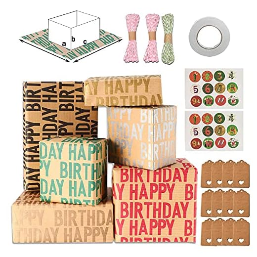 Papel De Regalo,Wrapping Paper Birthday,12 Hojas Papel Envolver Kraft Para Cumpleaños,Papel de Regalo Reciclado,Diseño de Letra para Cumpleaños 50x70cm Para Todas las OcasionesDeCumpleaños