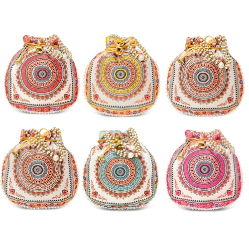 Image of Women Potli Bags | Zari Embroidered Silk With Drawstring | Traditional Return Gifts for Mehandi, Haldi, Baby Shower, Wedding, Sangeet, Seemantham