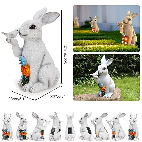 YIKEDAN Solar Kaninchen Gartenfiguren mit Sukkulenten Solarlampe, Solar Hase Gartendeko für Draußen, Harz Sitzender Bunny hält Vogel Gartenfigur Gartenstatuen für Balkon – Bild 4