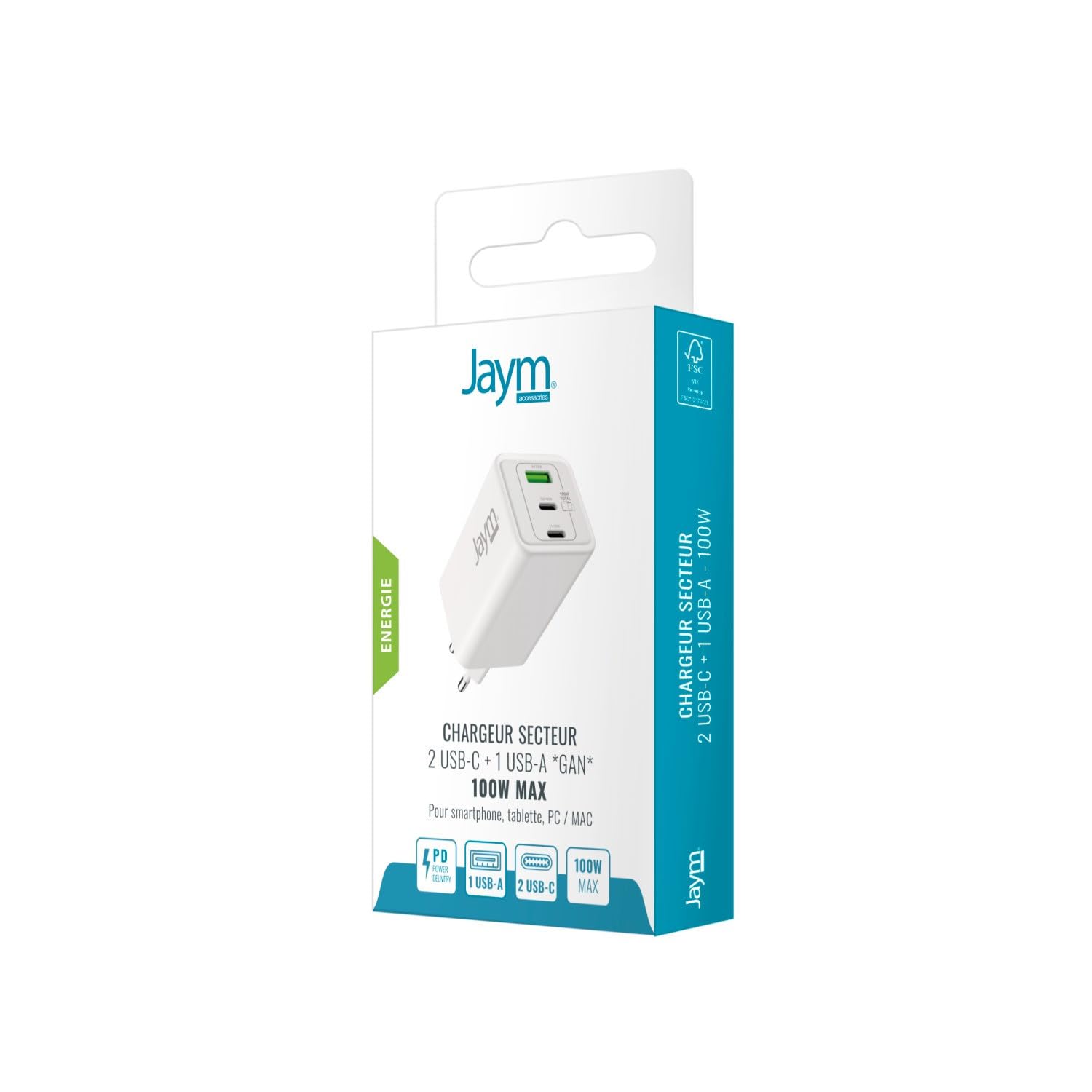 JAYM Chargeur GaN USB-C 100W - 2 USB-C + USB-A - MacBook iPhone iPad