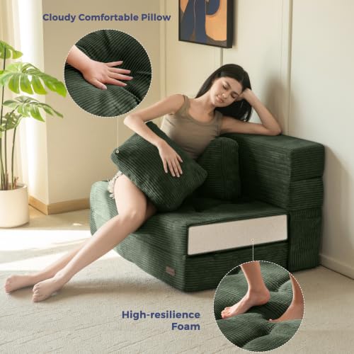 Image of MAXYOYO Convertible Sofa Bed, Fold Out Sofa Couch with Pillow for Adults | Loveseat Sofa 4 in 1 Tufted Folding Couch Bed Foam Floor Couch, Lazy Chair for Living Room Bedroom Guest Room, Dark Green