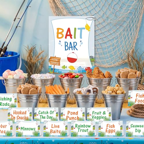 Potchen 31 Pcs Ofishally One Birthday Party Decorations 12 Fishing Bait Buckets 1 Bait Bar Accessories Sign 18 Fishing Food Labels First Birthday Party Supplies for Baby Shower Buffet Decors