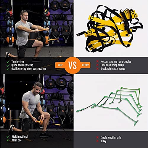 Alphaworx All-In-One Agility Ladder Agility Training Equipment Foldable Instant Set-Up Tangle-Free Design 8+4 Rung Speed Ladder Workout Ladder With 12 Soccer Cones & 3 Resistance Band & 1 Storage Bag #TOP3