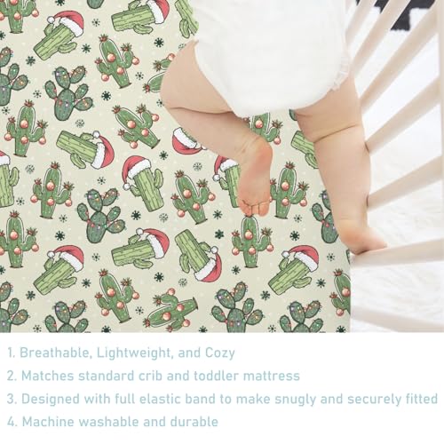 Image of Christmas Cactus Baby Crib Sheet 52''x28'' Desert Christmas Cactus Hats Snowflakes Fitted Crib Mattress Cover for Boy Girl Western Cactus Soft Baby Bed Sheets for Standard Crib and Toddler Mattress