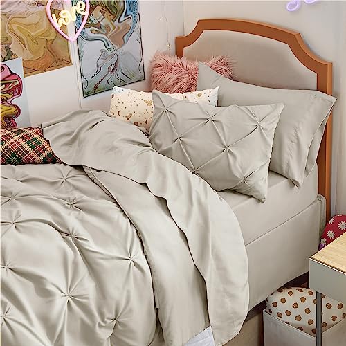 Image of Bedsure Twin Comforter Set Beige - Bed in a Bag Twin Size Bedding 5 Pieces, GentleSoft Pintuck Bed Set Gift for Family, All Season Down Alternative Comforter with Sheets, Pillowcase & Sham