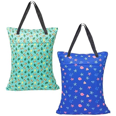 ALVABABY 2 Pack Large Wet Dry Bag Waterproof Hanging Cloth Diaper with Double Zippered Pockets 25x18 inches (Avocados and starfish) Cover