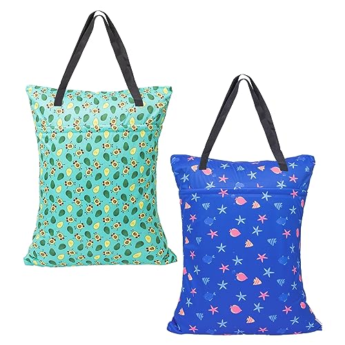 Image of ALVABABY 2 Pack Large Wet Dry Bag Waterproof Hanging Cloth Diaper with Double Zippered Pockets 25x18 inches (Avocados and starfish)
