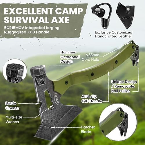 Tactical Axe with G10 Handle Camping Survival Hatchet, Multifunctional Hiking Outdoor Heavy Duty Full Tang Tomahawk Tools with Hammer, Unique Design Crowbar, Leather Sheath (Green) - Image 5