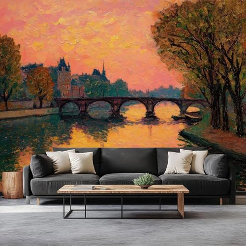 Pintura Al Óleo Fotomurale Murales Atardecer En Barcelona 250 x 175 cm Papel Pintado no Tejido, Color Naranja Papel Tapiz Fotográfico - Salon Dormitorio Oficina Mural de Decoración de Pared
