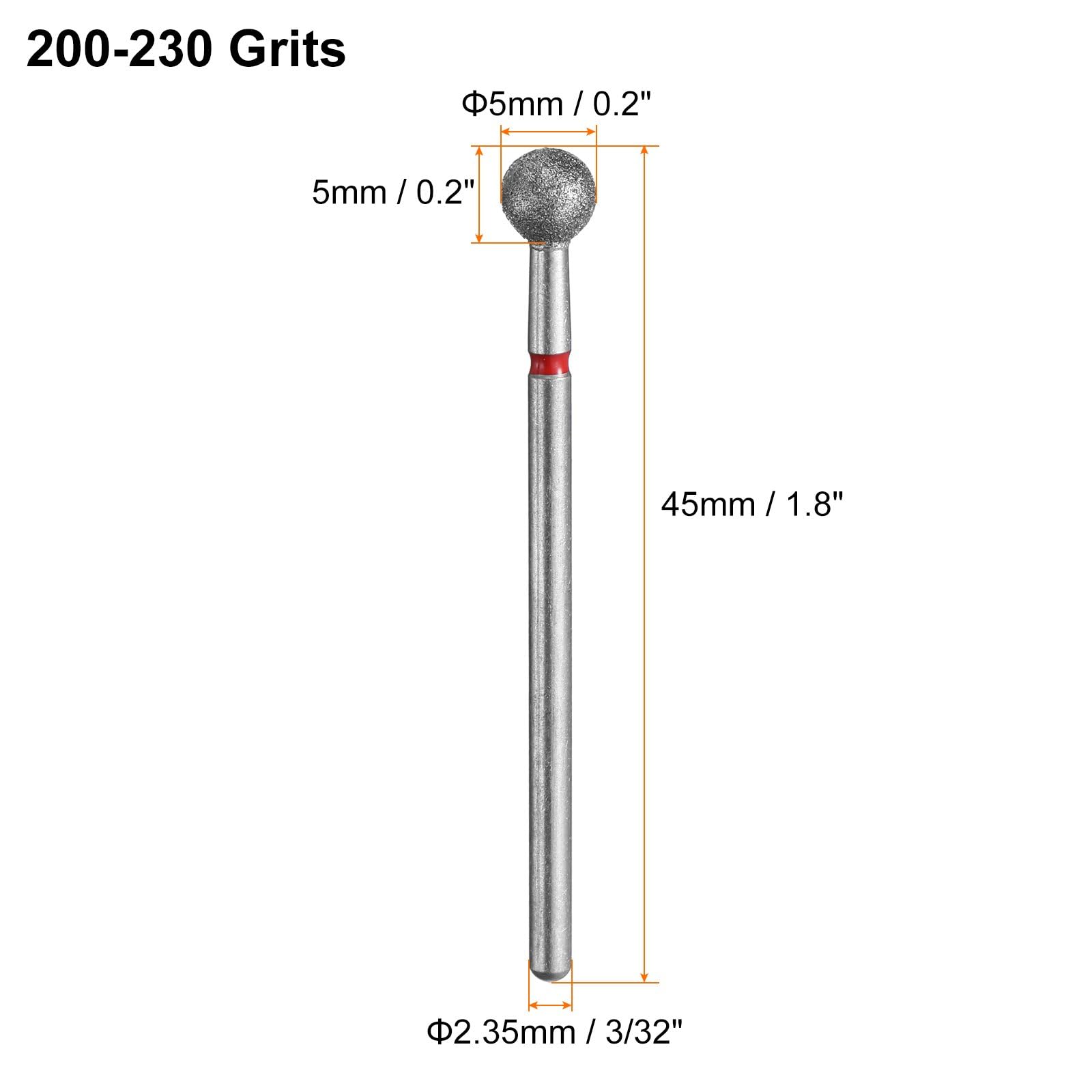 HARFINGTON 12 brocas de diamante de grano 200-230 de 5 mm, cabeza de bola de 2,35 mm, vástago de 5 mm de longitud, herramienta giratoria para molienda de vidrio de cerámica, pulido