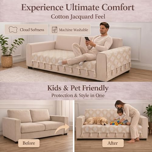 Image of STITCHNEST 'Verdant Rekhika Stories' 1 Seater Sofa Cover| Elegant Jacquard Fabric, Decorative Tassels, Washable & Durable for Modern Living
