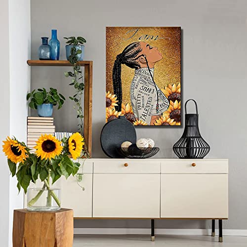 Framed Gold Sunflower Black Girl Wall Art Teen Black Girl Canvas Wall Decor African American Girl Wall Art Inspirational Quotes Poster12*16" #TOP6