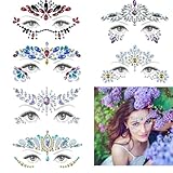Face Gems, 6 Sets Mermaid Face Jewels Festival Gems Rhinestones Stick on Halloween Cosplay Party Carnival Festival Crystals Temporary Tattoos
