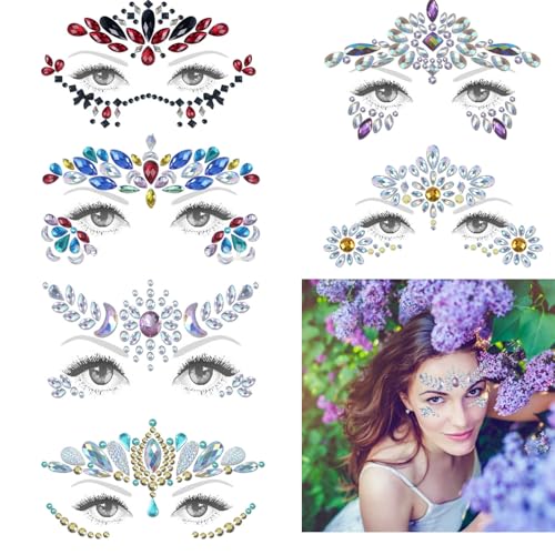 Face Gems, 6 Sets Mermaid Face Jewels Festival Gems Rhinestones Stick on Halloween Cosplay Party Carnival Festival Crystals Temporary Tattoos