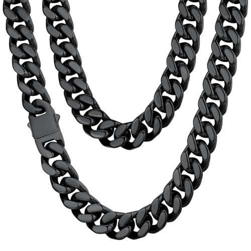 ChainsHouse Stainless Steel Mens Cuban Link Chain, Black/ 18K Gold Plated Miami Cuban Chain Necklace, 5mm/7mm/9mm/12mm/14mm Width, No Tarnish& Durable Hip Hop Mens Jewelry, 18"-30", Send Gif