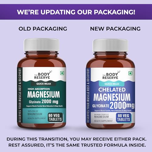 Image of The Body Reserve Magnesium Glycinate Supplement 60 Veg Tablets, 2000mg Per Serving, High Absorption Chelated Form, helpful in Muscle & Nerve Relaxation, Better Sleep Quality for Men & Women