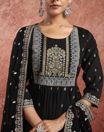 Image of SKYLEE Women's Printed & Gota Lace Cotton Silk Anarkali Kurta Set with Dupatta