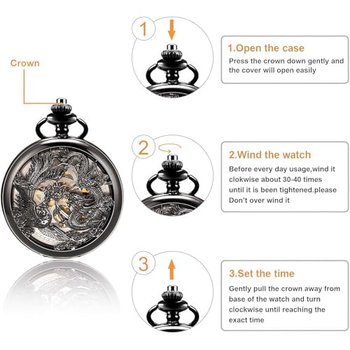 Image of ManChDa Antique Mechanical Pocket Watches for Men Lucky Dragon Phoenix Pocket Watch with Chain Skeleton Dial Roman Numerals Gifts for Fathers Day