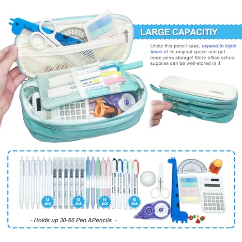 Image of Pencil Case Large Capacity Pouch Bag with Zippers, Expandable Pen Bag Storage Holds 50-100 Pencils, Colors Pencil Box Organizer Case Office School Supplies for Girls Boys Adults(Blue)