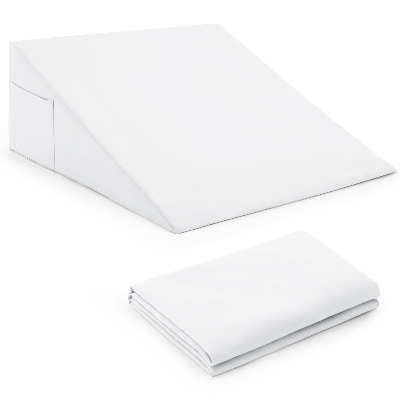 Horbaunal White Bed Wedge Pillow Cover with Zipper Design, Wedge Pillowcase Protector with Side Pocket for Storage, 26" L x 25" W x 7.5" H(Pillow Not Include)