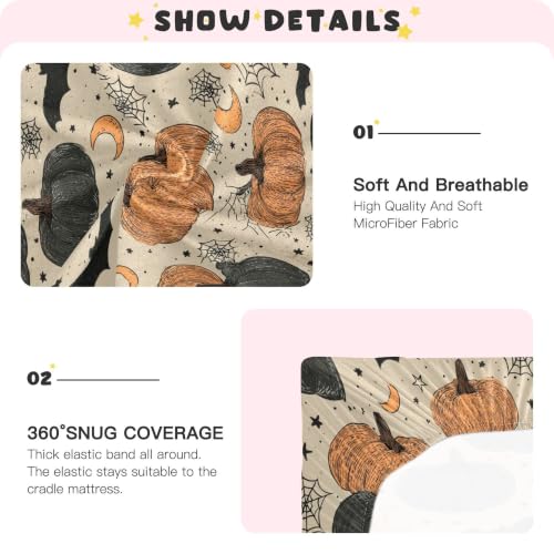 Image of Halloween Vintage Pumpkins Crib Sheets Soft Breathable Fitted Baby Crib Sheets Mattress Cover for Girls Boys, 52 inch x 28 inch x 9 inch