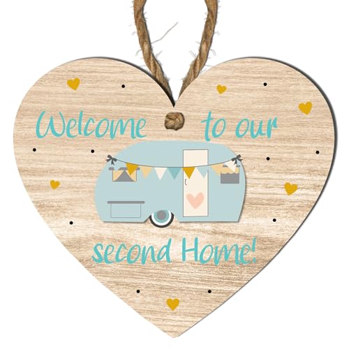 Welcome to our Second Home Heart Plaque Charming Caravan Sign for Personalised Home Décor Caravan Lovers Gifts for Birthdays Holidays and Special Occasions (Small: 10 cm (H) × 9 cm (W))