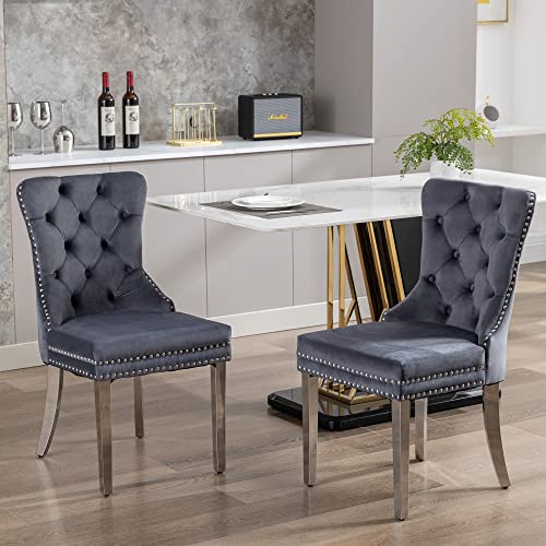 Goolon Velvet Dining Room Chairs Set Of 2 Chairs For Dining Room Button Tufted Dining Chairs Upholstered Dining Table Chairs With Rivet Trim Metal Pull Ring Silver Stainless Legs For Kitchen Grey #TOP1