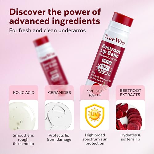 Image of Tinted Lip Balm with SPF 50 PA+++ Brightening Beetroot Lip Balm For Dark Lips With Kojic Acid,Vitamin E, Soft, Glossy Lips- SPF lip balm for Women 5g