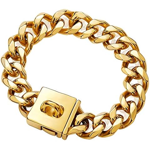 BMusdog Gold Chain Dog Collar 23MM Heavy Duty Thick 18K Cuban Link Chain Stainless Steel Metal Links Walking Training Chain Necklace for Medium Dogs (16") Cover