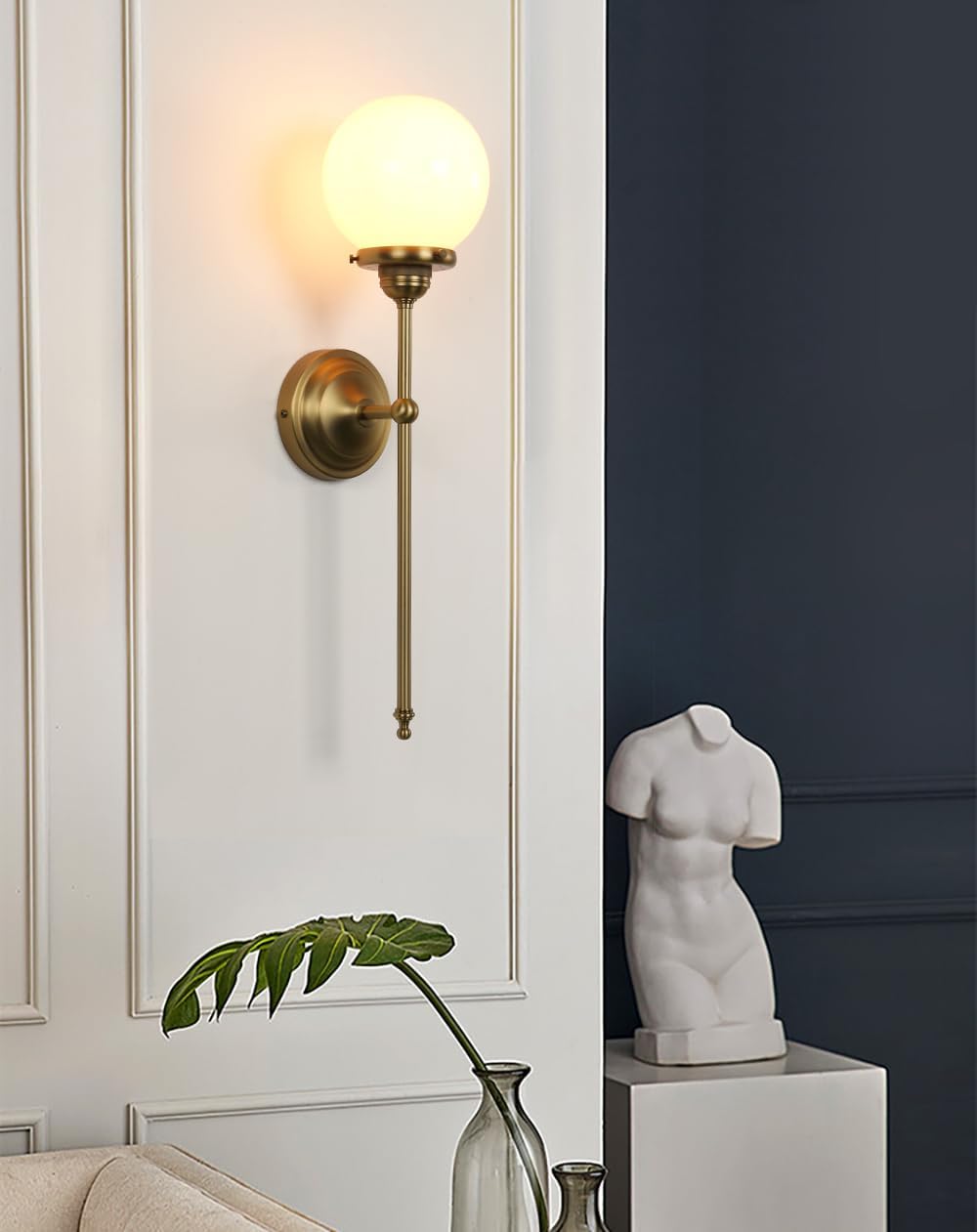 Industrial Vintage Wall Sconce Lighting, Milky White Glass Globe Shade with Long Arm Antique Brass Wall Light, Indoor Up and Down Wall Mounted Lamp for Bedroom Kitchen Bathroom