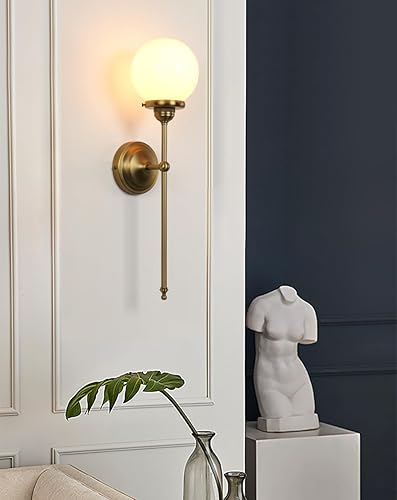 Miniatura 4 de Lámpara de pared industrial vintage, pantalla de globo de vidrio blanco lechoso con brazo largo, lámpara de pared de latón antiguo, lámpara de pared