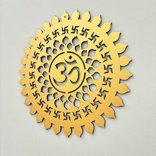 Image of BAPUBEBE Om Round Wall Art Mdf Wooden Frame Om Chakra For Mandir Temple, Living Room, Office, Hotel, Gift Item, Mandala Wall Hanging For House Home Decoration Items Size 12 * 12inch (GOLDEN)