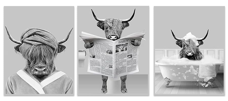 QPLGTU Bathroom Home Background Wall Decoration Poster, Black and White Highland Livestock Animal Decoration Photos Wallpaper