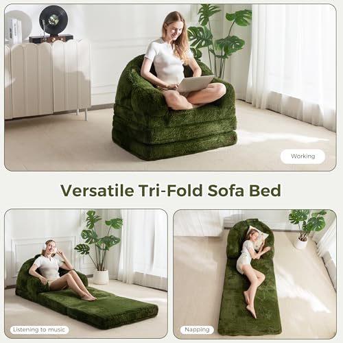 Image of MAXYOYO Folding Sofa Bed, 2 in 1 Convertible Sofa to Lounger Comfy Single Bean Bag Chair for Adults, Floor Couch with Handle, Faux Fur Couch Bed for Living Room Bedroom, Green