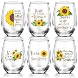 Singhoow 6 Pcs Sunflower Wine Glasses Gift for Women 15oz Sunflower Print Tumbler Cups You Are My Sunshine Whiskey Glasses for Inspirational spring summer Thanksgiving Party Supplies