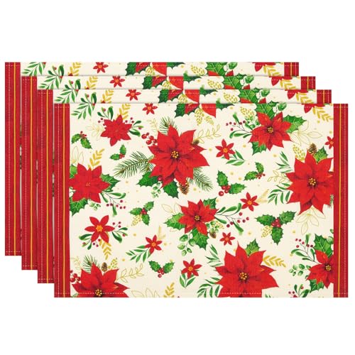 Arquiel Juego de 4 Manteles Individuales de Cocina, Salvamanteles Individuales Lavables de Esteras, Resistentes al Calor Antideslizante Fácil de Limpiar,33x48CM(Navidad Flor de Pascua)