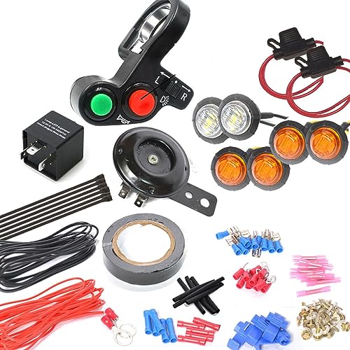 Car Universal ATV UTV SXS Turn Signal Horn Kit Street Legal Kit Handlebar Thumb Switch with LED Lights Flasher Relay Blinker Harness System (Kit N)