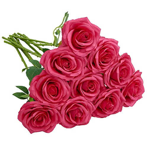 IUKnot Artificial Rose 10pcs Open Flower Bouquet Faux Rose Stems for Wedding Arrangement, Bridal Bouquet, Centerpiece, Fake Faux Silk Flowers (Hot Pink)