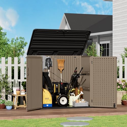 Image of ZZM Large Outdoor Storage Shed, 48 Cu Ft Resin Versatile Storage Cabinet for Patio Accessories, Trash Cans & Garden Tools, Durable Horizontal Storage Box with Lockable Lid (Coffee)