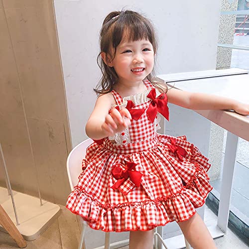 Toddler Baby Girl Bow Plaid Dress Strawberry Dresses Kids Sleeveless Backless Skirts Sundres Casual Hat Set3