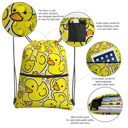 Image of Yellow Duck Drawstring Bag, Waterproof Drawstring Bckpack for Gym Sports Birthday Party Gift, Women Men Sackpack Bag with Front Zipper Pocket and Inside Zipper Pocket
