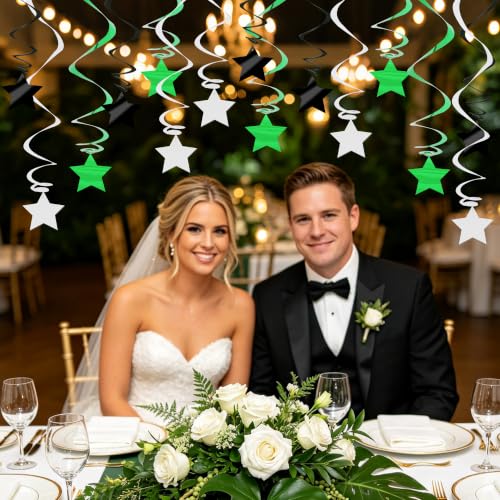 Image of BEISHID Green and Black Stars Hanging Swirls Pre-Strung Stars Hanging Decorations for Wedding Baby Shower Bridal Graduation Green Birthday Decorations Supplies,Pack of 15